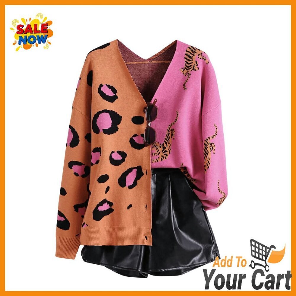 Leopard Print V-Neck Cardigan Chunky Knit Button Down Sweater